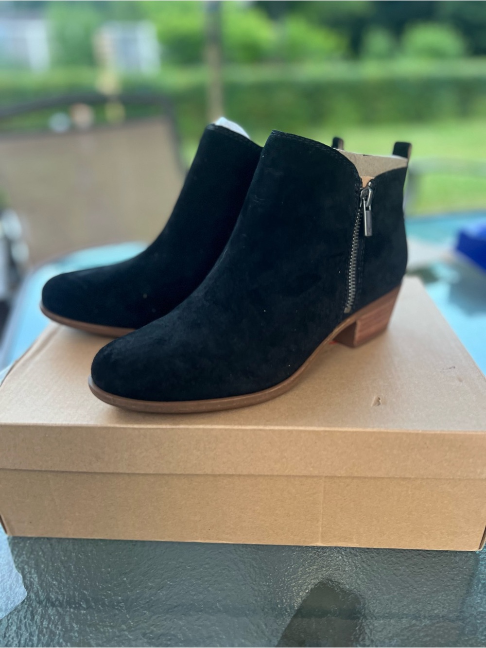 Lucky Brand Black Suede Ankle Booties with Stacked Heel